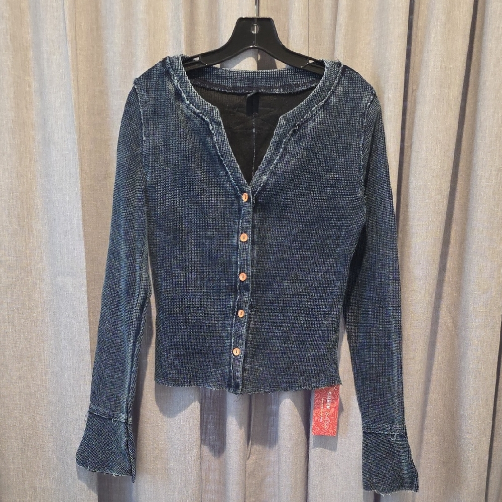 SHEIN Dark Blue Bohemian Waffle V-neck  Button-Down Women's Shirt